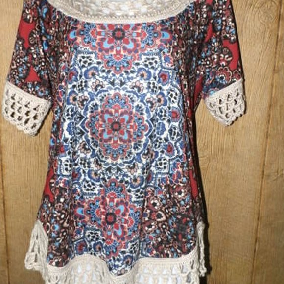 One World Live and Let Live Womens Top Boho with Crochet Trim Medium - Picture 1 of 9